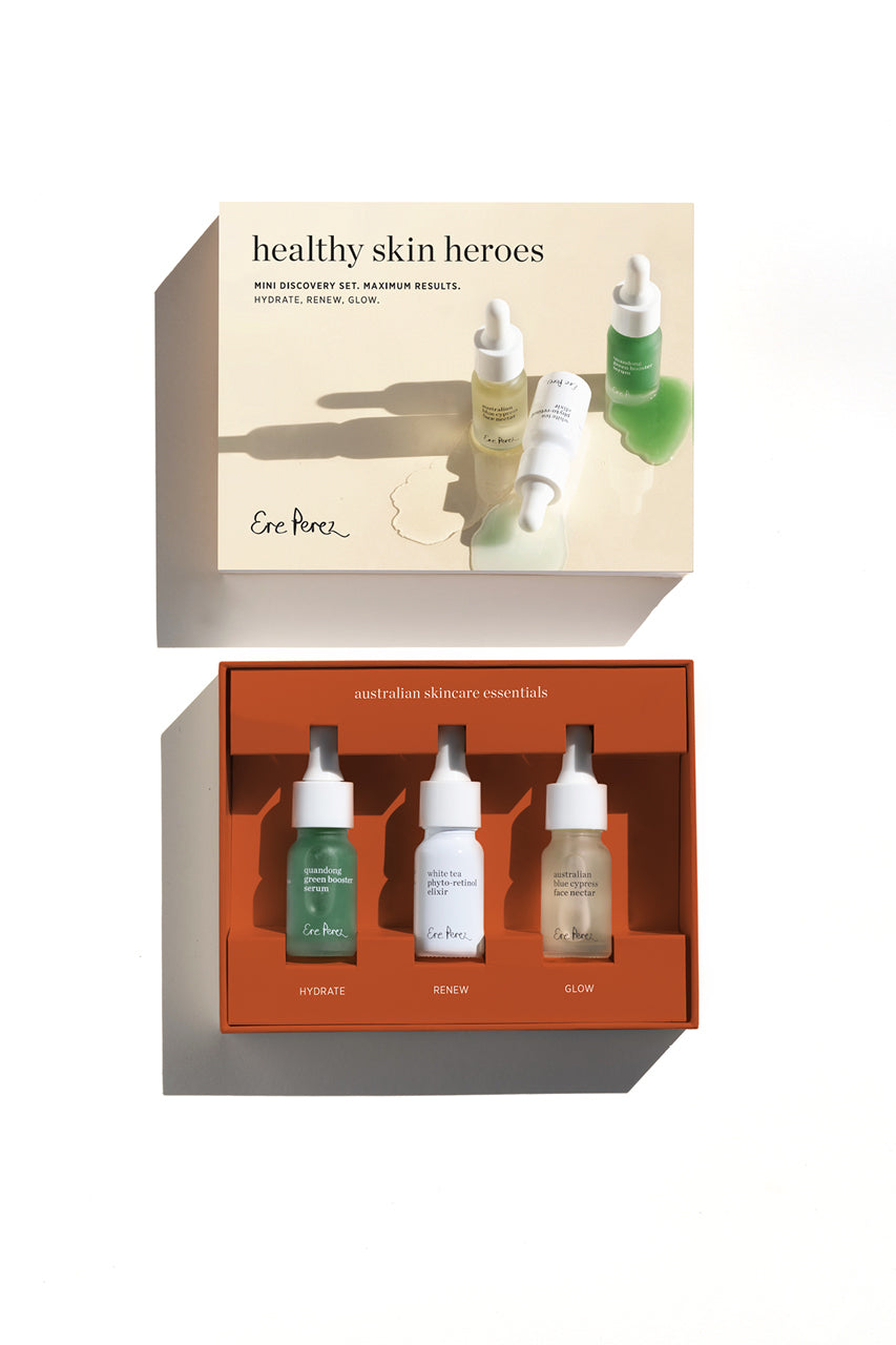 Healthy Skin Heroes Set, Ere Perez, Quandong green booster serum, white tea phyto-retinol elixer, australian blue cypress nectar.