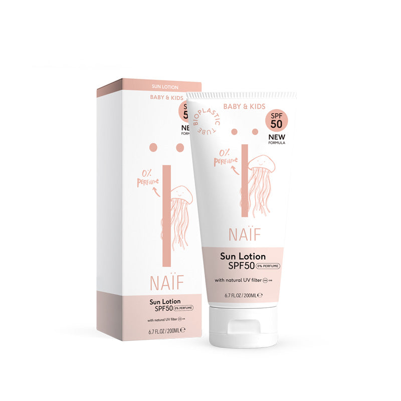 Sun Lotion Baby & Kids SPF50 - Perfume Free, Made in the Netherlands. Free from Microplastics. Perfume Free. Reef Safe. Free from Parabens & Mineral Oils, Baby & Kids sunscreen, zonnebrand crème, SPF50, sensitive skin, gevoelige huid, baby huid, kinder SPF, zonnebrand lotion voor kids, Naïf, sun, suncare, zonbescherming, UVA, UVB, Reef safe, Environmental friendly, oceaanvriendelijke zonbescherming, milieuvriendelijk, natuurlijke zonnebrand, natural sun lotion, Nourished, Nourishedeu