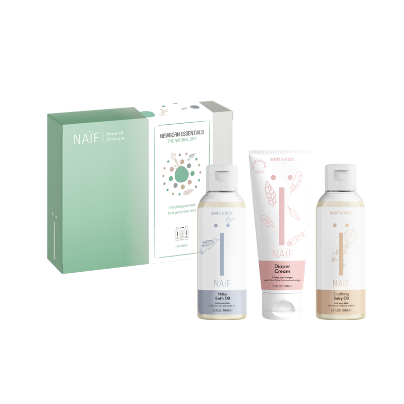 The Newborn Essentials Baby & Kids, Milky Bath Oil, Diaper Cream, Soothing Baby Oil, Made in the Netherlands. Dermatologically tested. Hypoallergenic. Free from Microplastics. SLS/SLES free. Free from Parabens & Mineral Oils, 100% Vegan, gevoelige babyhuid, babyskin, sensitive skin, eczeem, dryskin, kraamcadeau, maternity gift, babyshower, naif, naïf skin care, nourished, nourishdedeu